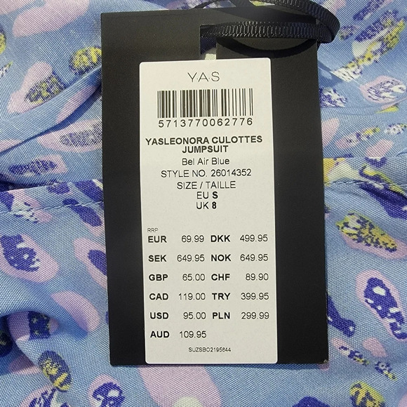 NWT YAS Y.A.S Blue Purple Cropped Jumpsuit Wide Leg Knot Front Zip Back Size 4 - Picture 10 of 14